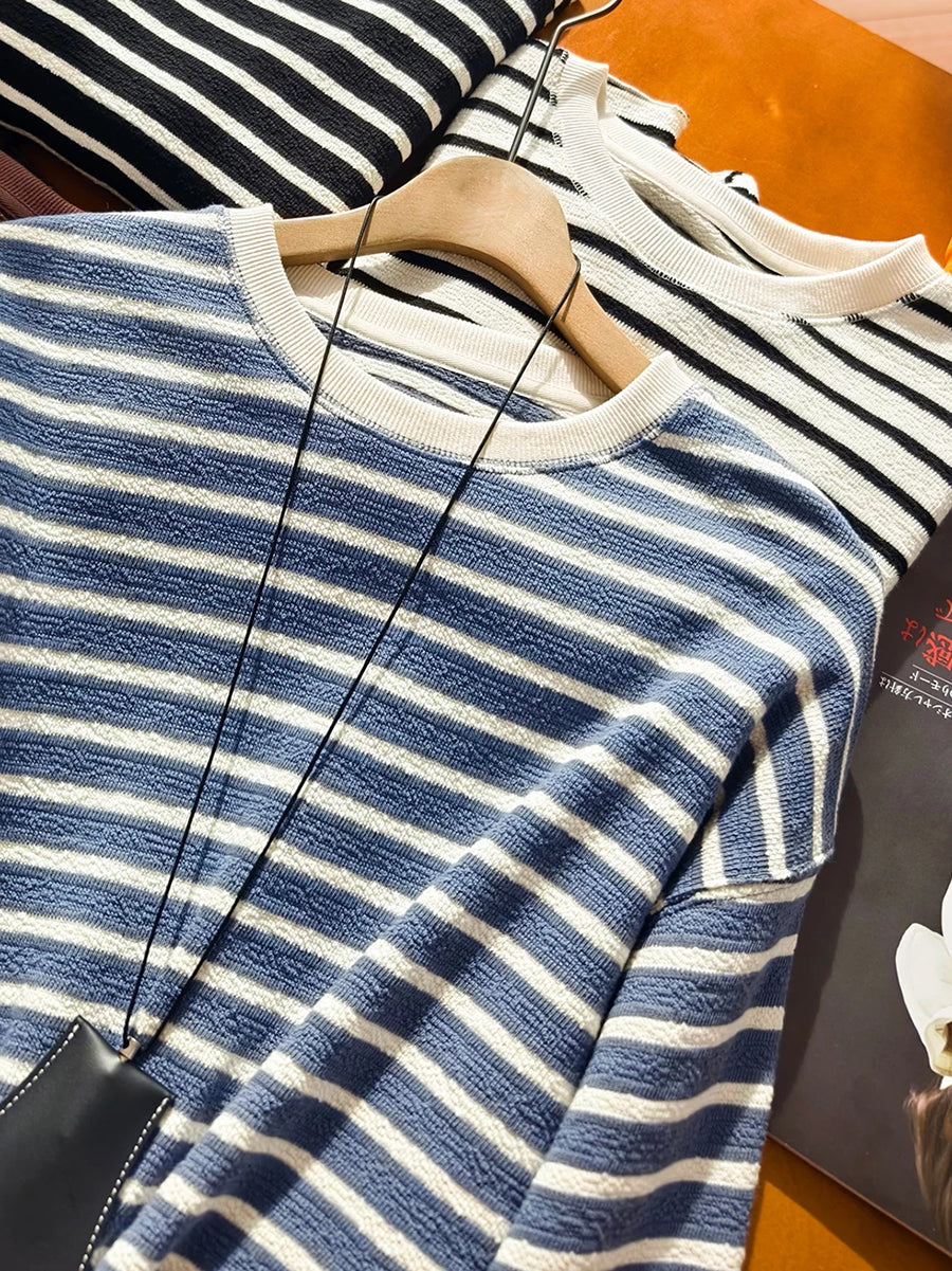 Women Casual Striped Long Sleeve Cotton Sweatshirt