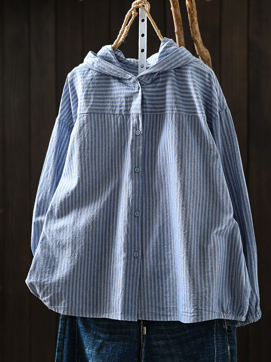 Women Cotton Striped Loose Long Sleeve Hooded Shirt