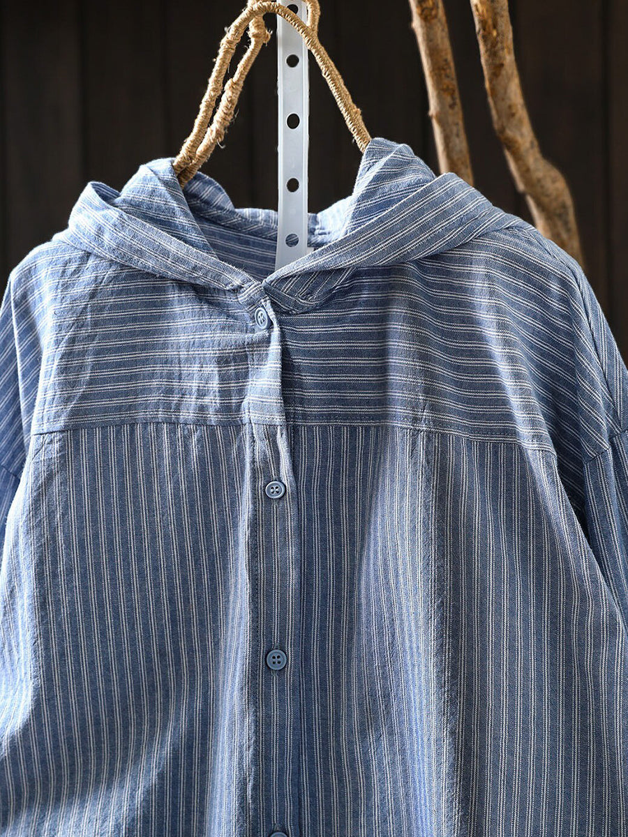 Women Cotton Striped Loose Long Sleeve Hooded Shirt