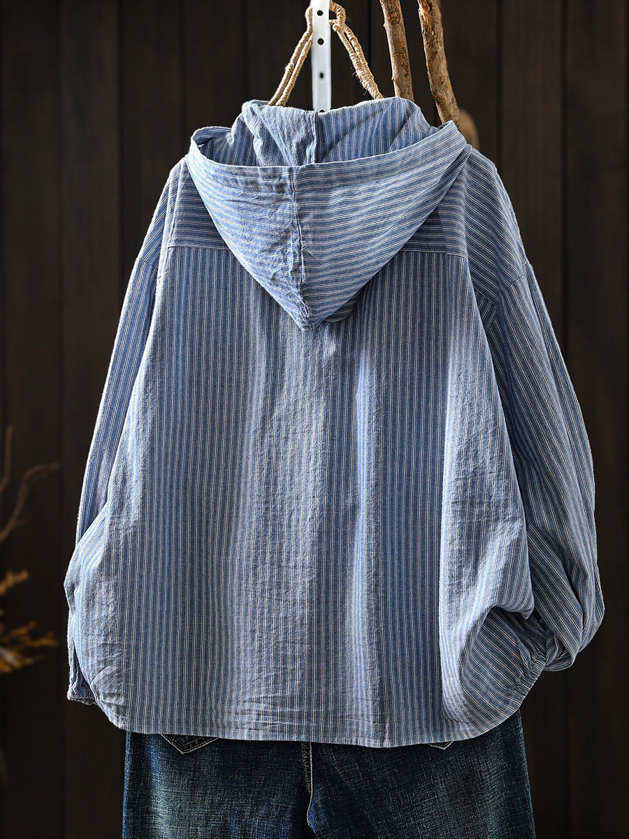 Women Cotton Striped Loose Long Sleeve Hooded Shirt