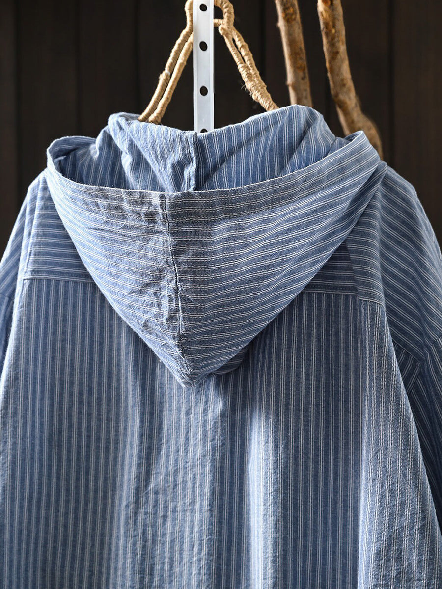 Women Cotton Striped Loose Long Sleeve Hooded Shirt