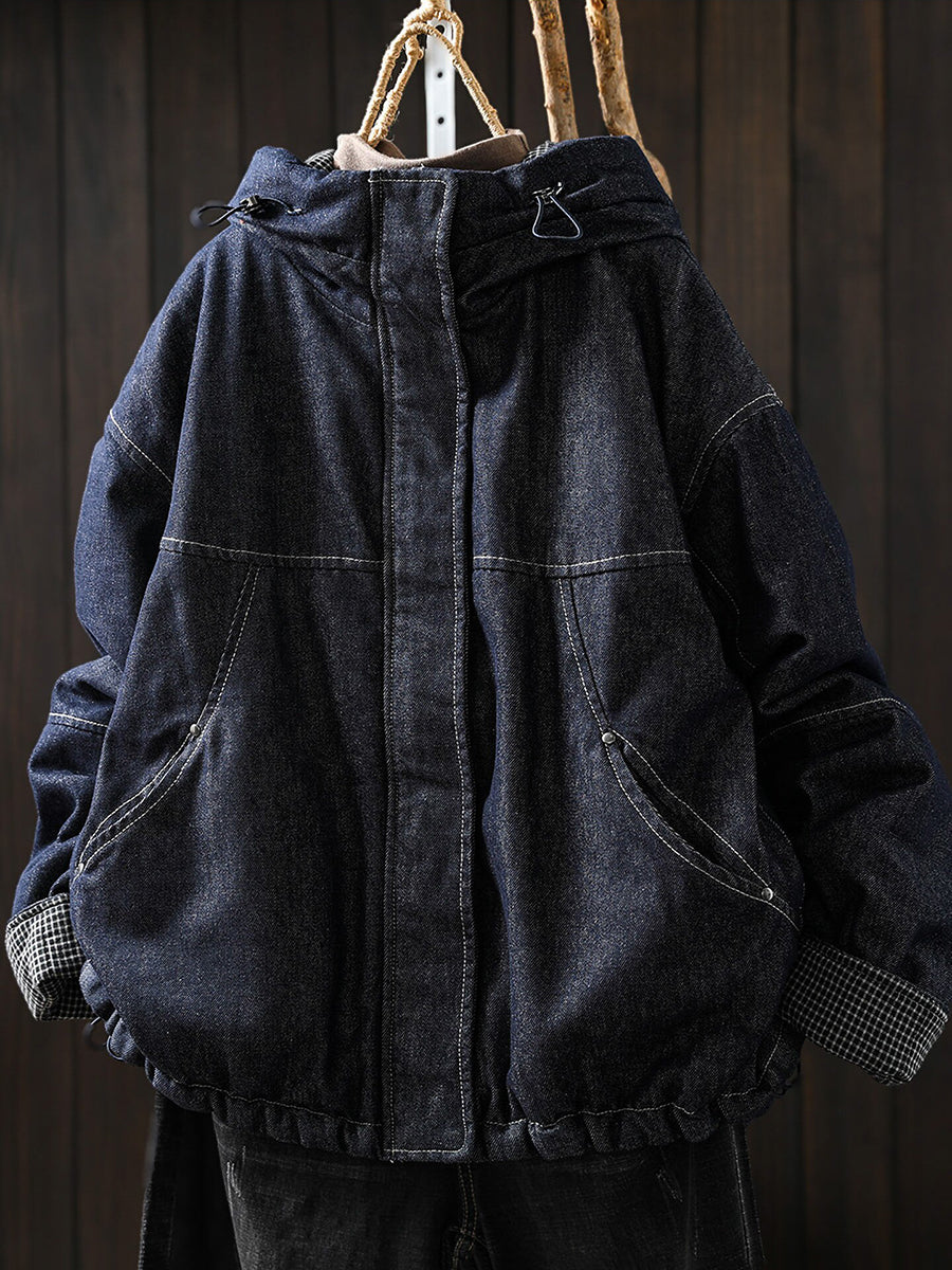Women Winter Warm Padded Hooded Denim Cotton Coat