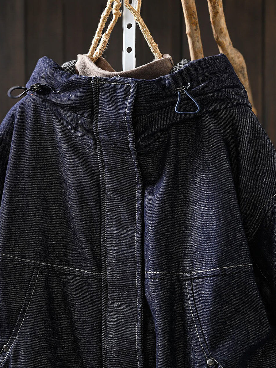Women Winter Warm Padded Hooded Denim Cotton Coat