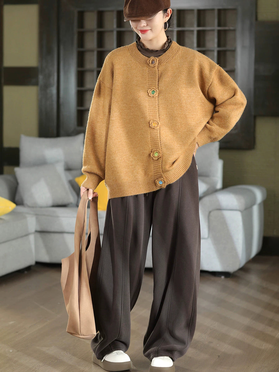 Women Wool Blend Crochet Flower Knit Cardigan