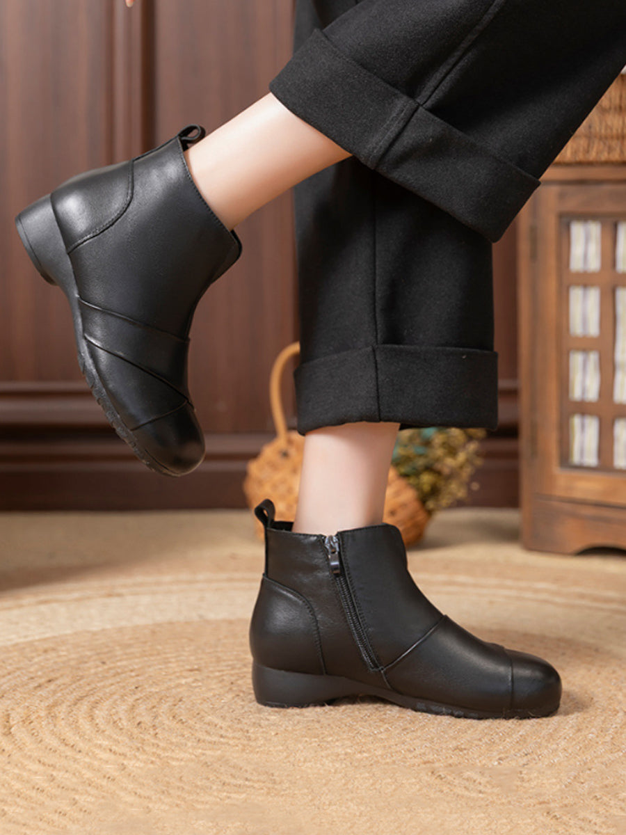 Women Winter Ethnic Genuine Leather Fleece-Lined Warm Ankle Boots