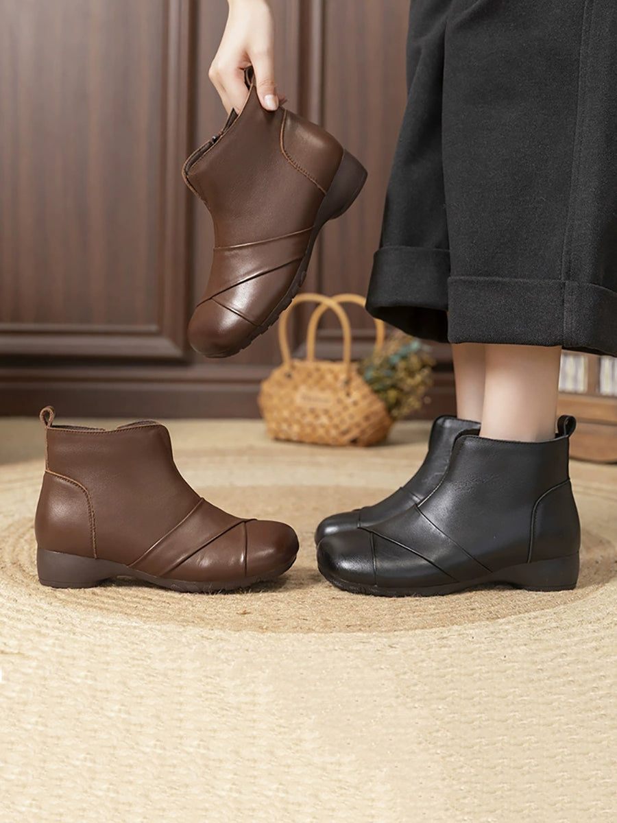 Women Winter Ethnic Genuine Leather Fleece-Lined Warm Ankle Boots