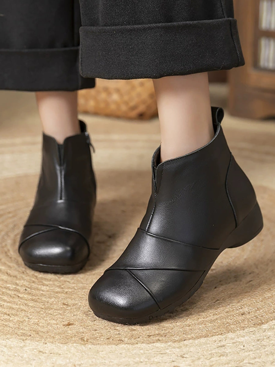 Women Winter Ethnic Genuine Leather Fleece-Lined Warm Ankle Boots