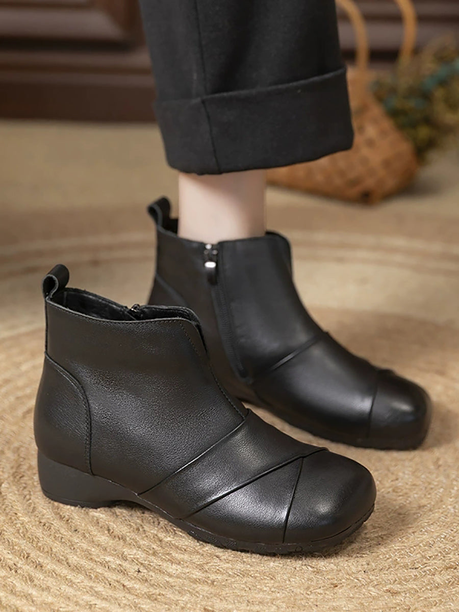 Women Winter Ethnic Genuine Leather Fleece-Lined Warm Ankle Boots