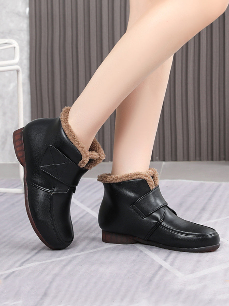 Women Winter Genuine Leather Fleece-Lined Hook-and-Loop Ankle Boots