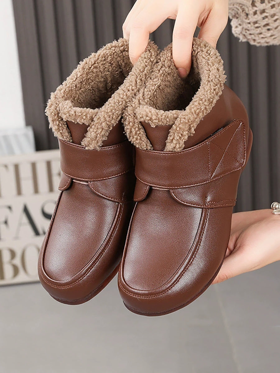 Women Winter Genuine Leather Fleece-Lined Hook-and-Loop Ankle Boots
