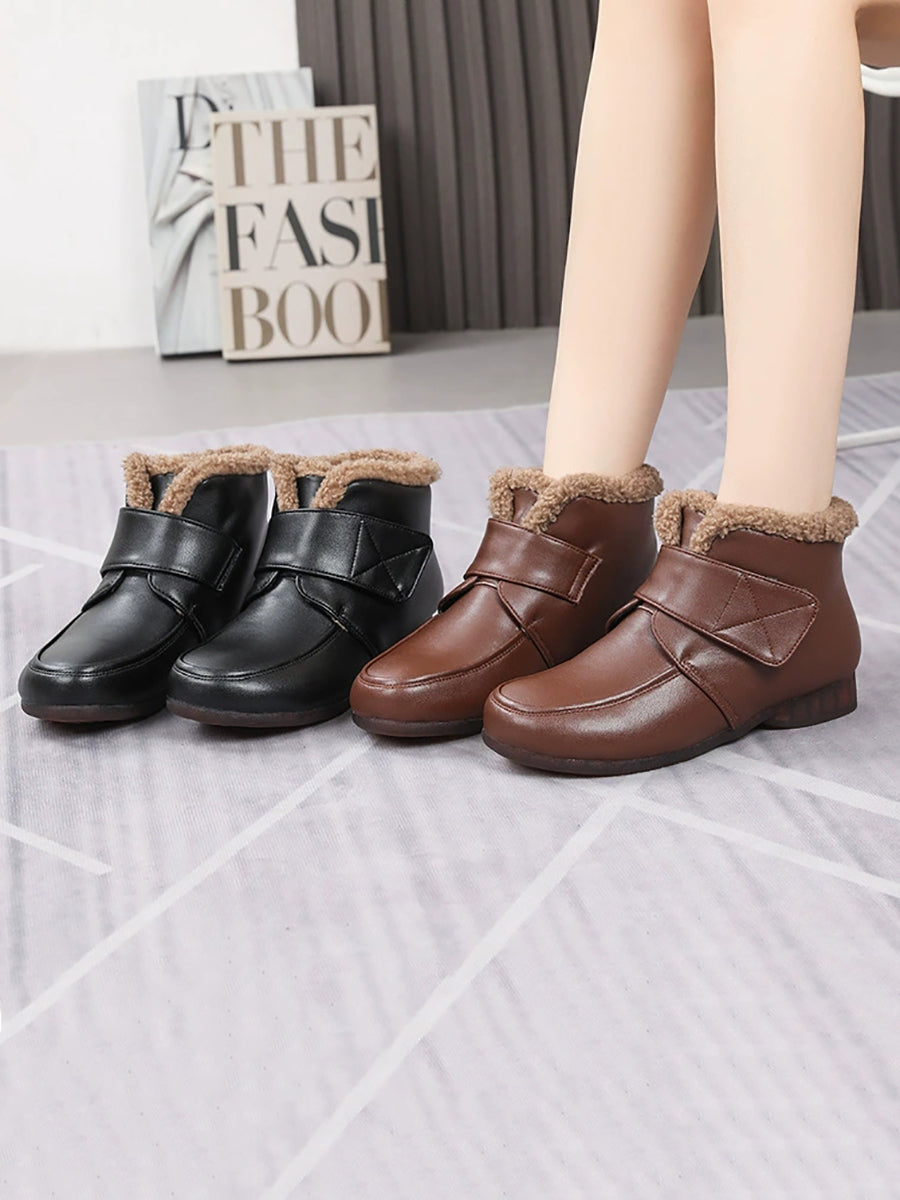 Women Winter Genuine Leather Fleece-Lined Hook-and-Loop Ankle Boots
