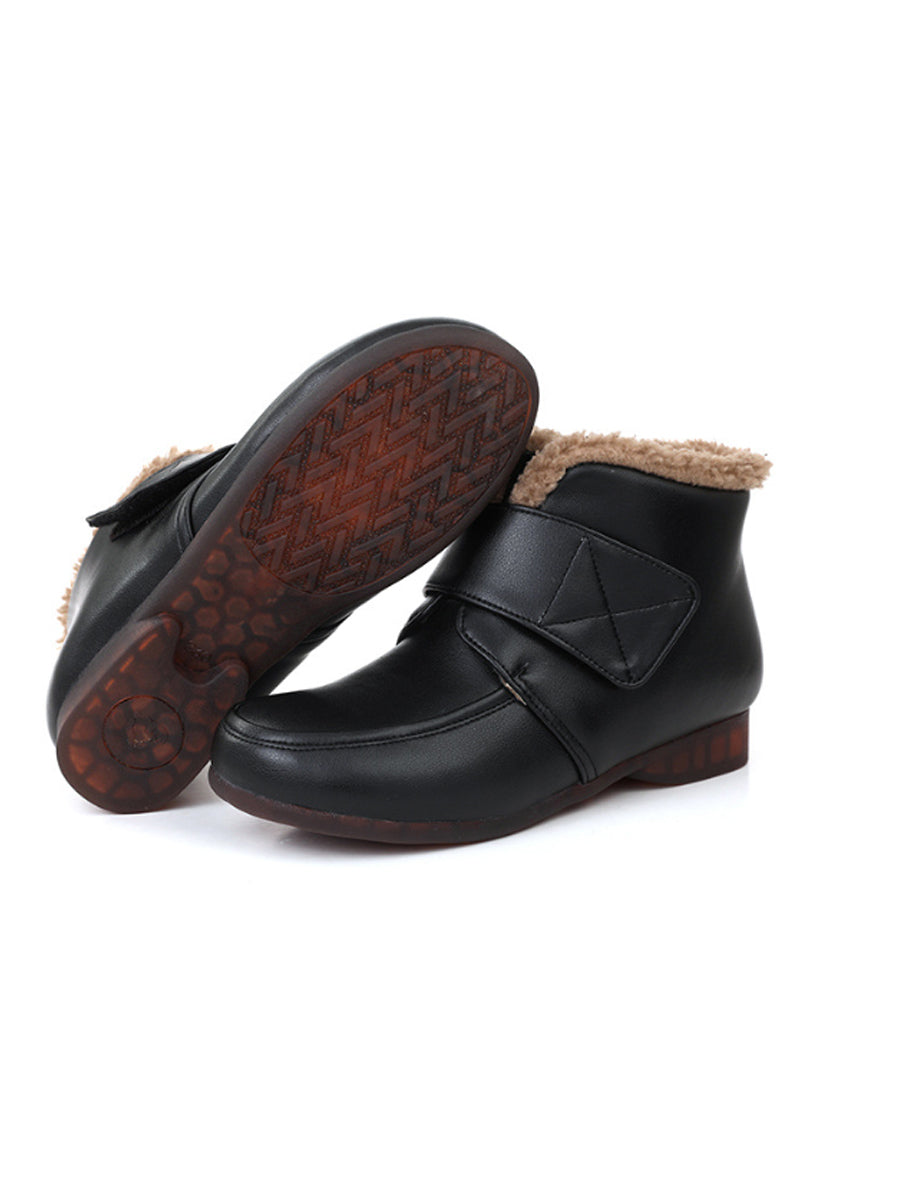Women Winter Genuine Leather Fleece-Lined Hook-and-Loop Ankle Boots
