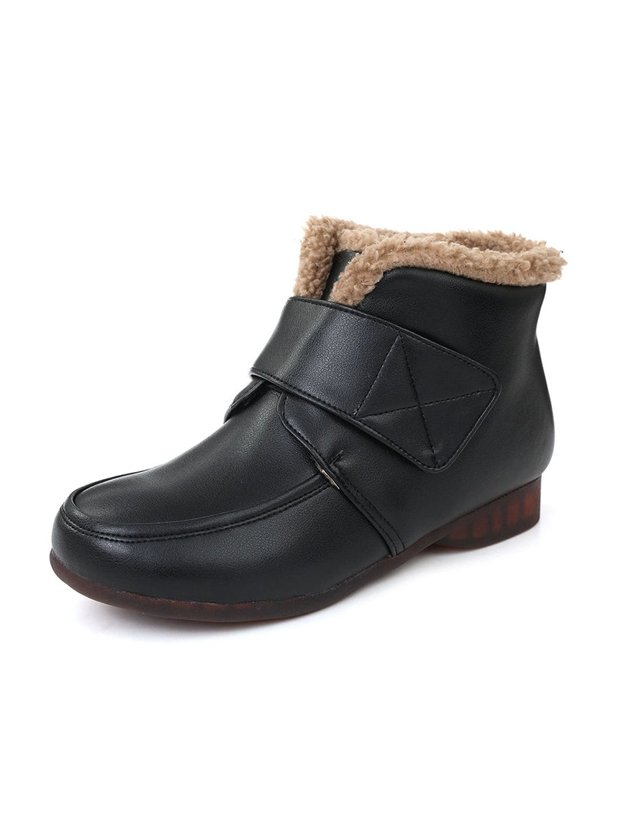 Women Winter Genuine Leather Fleece-Lined Hook-and-Loop Ankle Boots