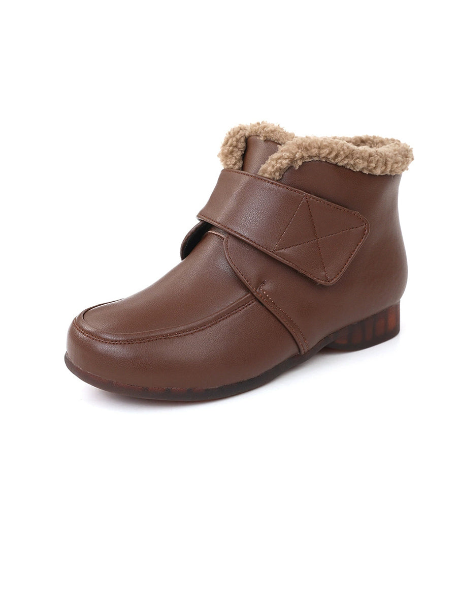 Women Winter Genuine Leather Fleece-Lined Hook-and-Loop Ankle Boots