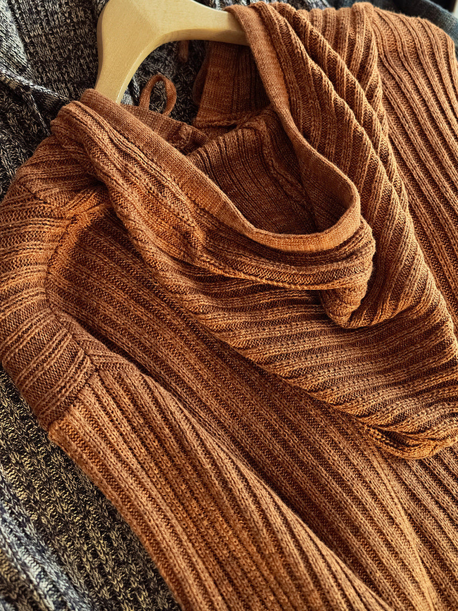 Women Retro Ribbed Long Sleeve Knit Hoodie
