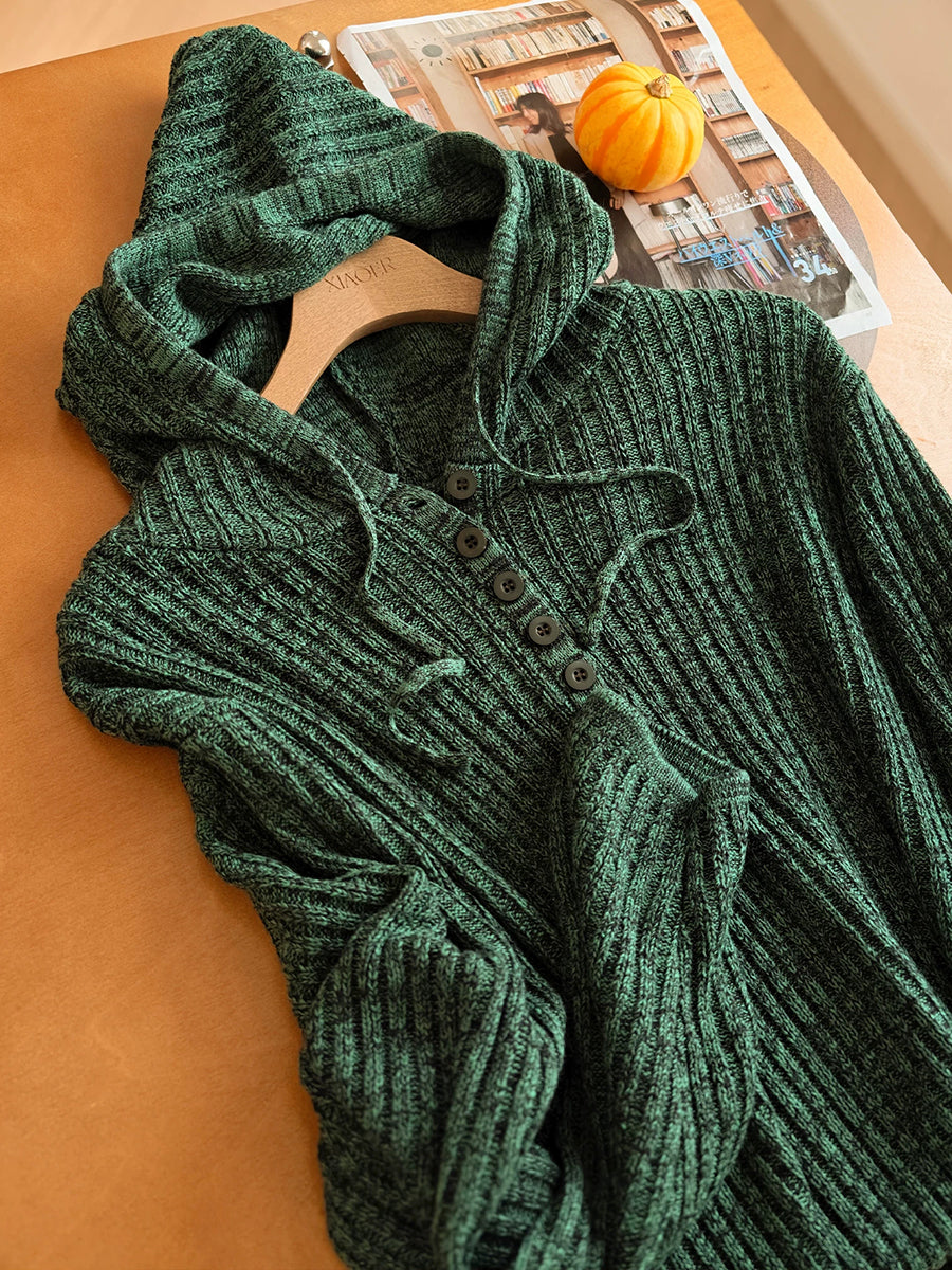 Women Retro Ribbed Long Sleeve Knit Hoodie