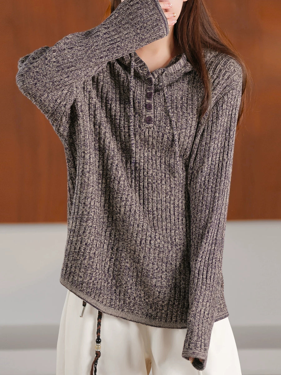 Women Retro Ribbed Long Sleeve Knit Hoodie