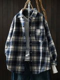 Women Vintage Plaid Brushed Long Sleeve Shirt Jacket