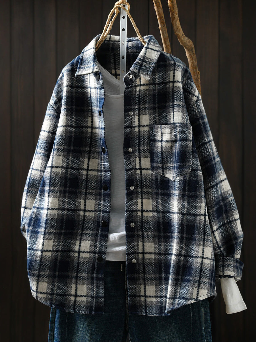 Women Vintage Plaid Brushed Long Sleeve Shirt Jacket