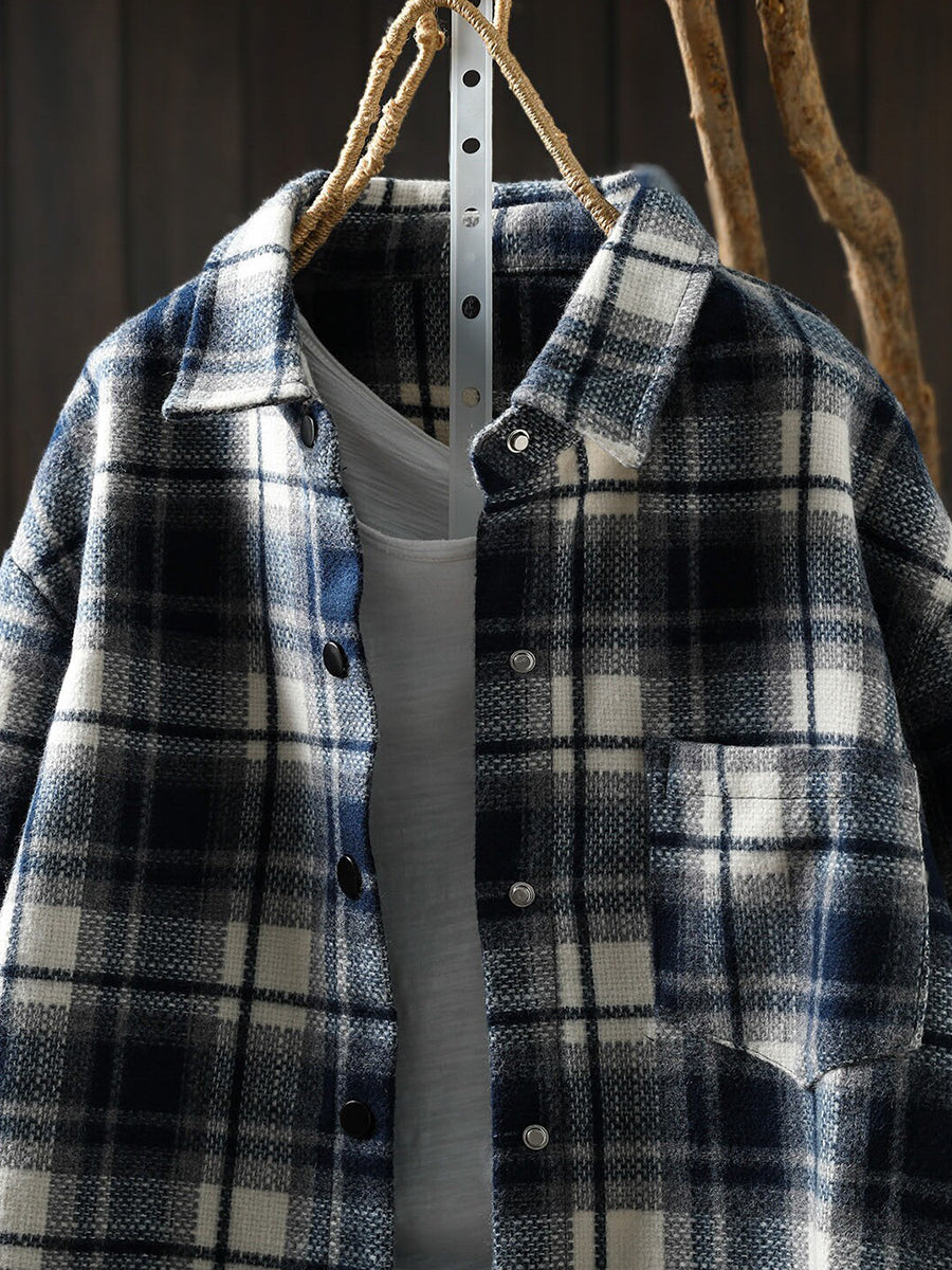 Women Vintage Plaid Brushed Long Sleeve Shirt Jacket