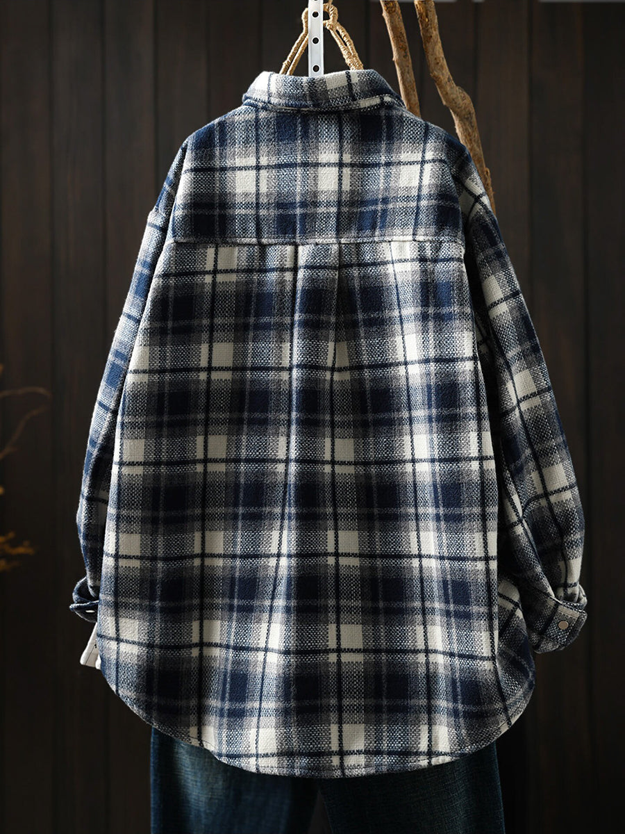Women Vintage Plaid Brushed Long Sleeve Shirt Jacket