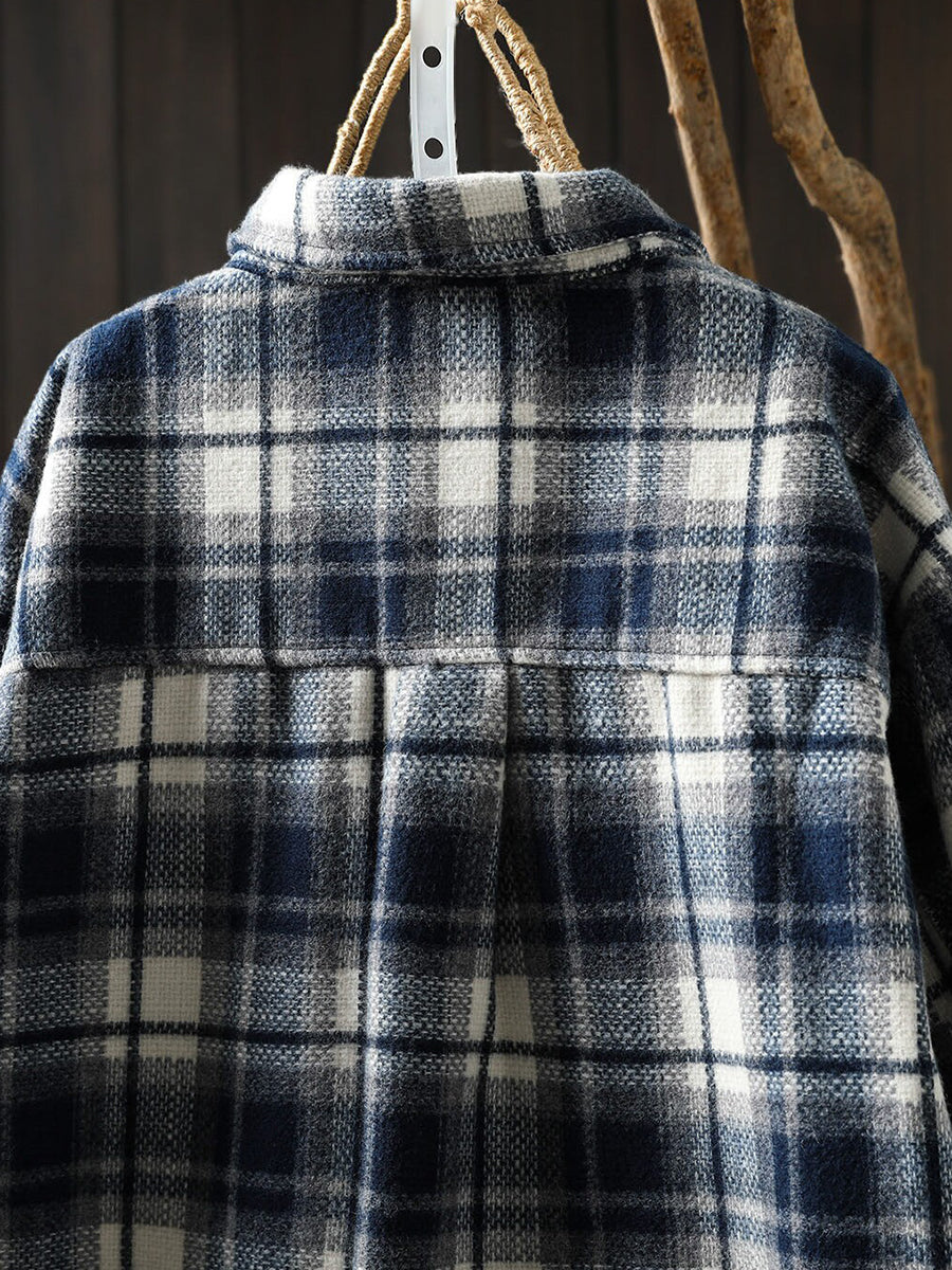 Women Vintage Plaid Brushed Long Sleeve Shirt Jacket
