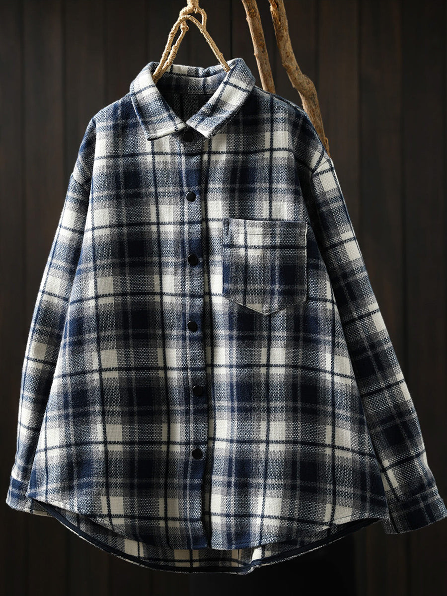 Women Vintage Plaid Brushed Long Sleeve Shirt Jacket