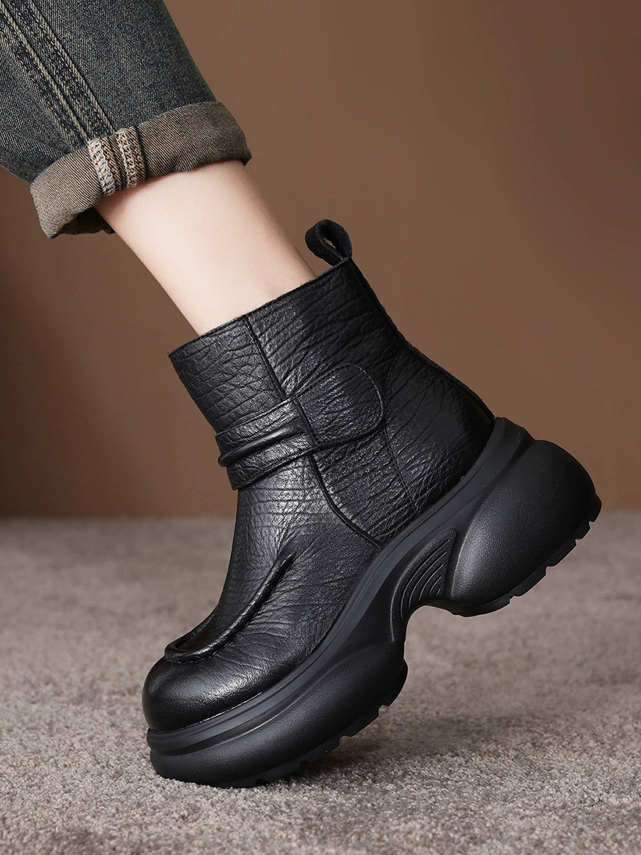 Women Vintage Genuine Leather Platform Height-Boosting Ankle Boots