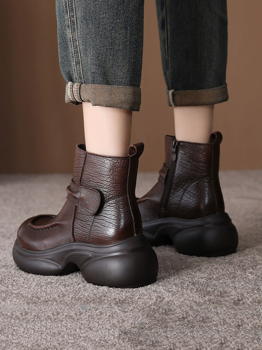 Women Vintage Genuine Leather Platform Height-Boosting Ankle Boots