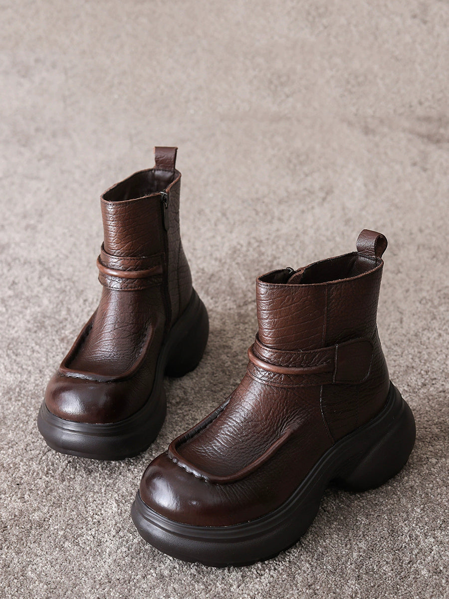 Women Vintage Genuine Leather Platform Height-Boosting Ankle Boots