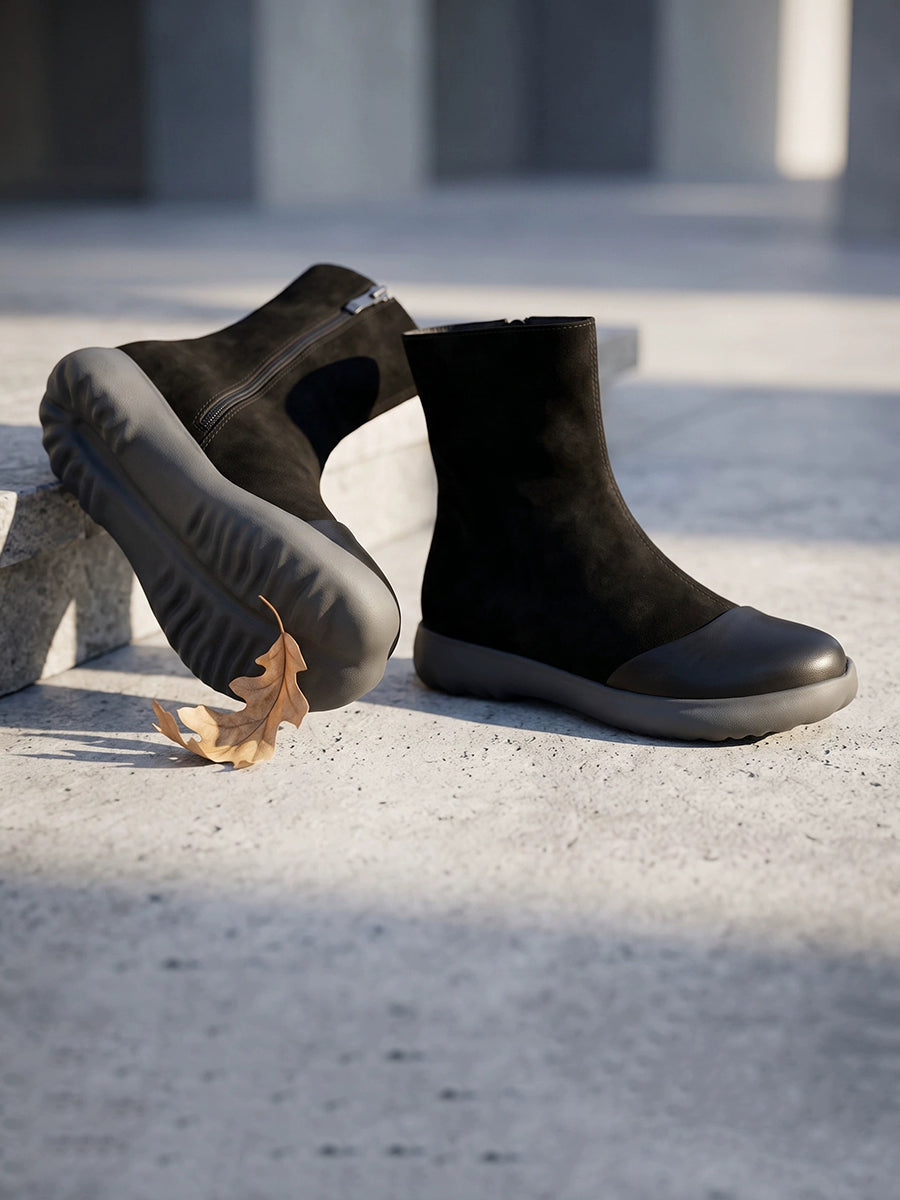 Women Minimalist Top-Grain Leather Spliced Ankle Boots