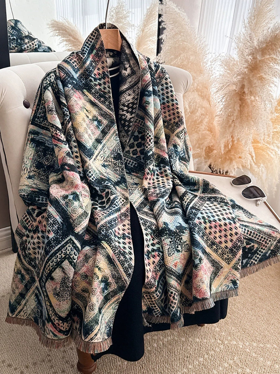 Women Vintage Forest Style Jacquard Faux Cashmere Shawl Scarf