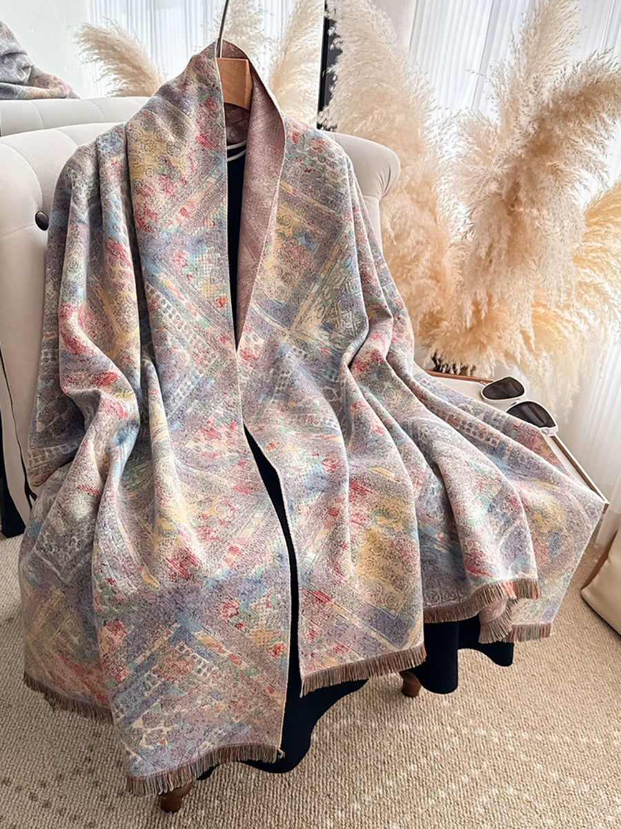 Women Vintage Forest Style Jacquard Faux Cashmere Shawl Scarf