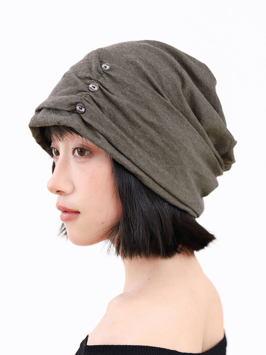 Women Autumn Winter Warm Button Ruched Slouchy Beanie