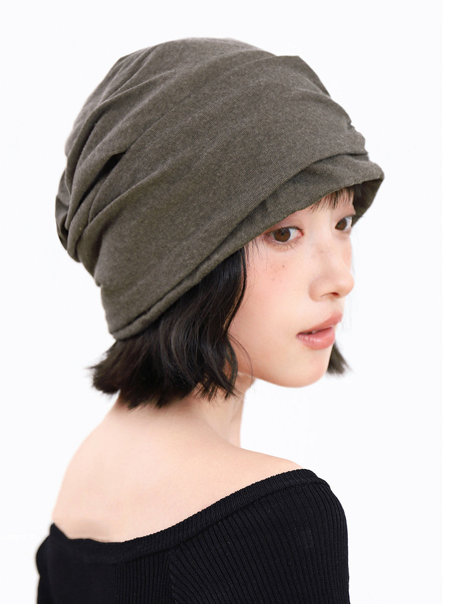 Women Autumn Winter Warm Button Ruched Slouchy Beanie
