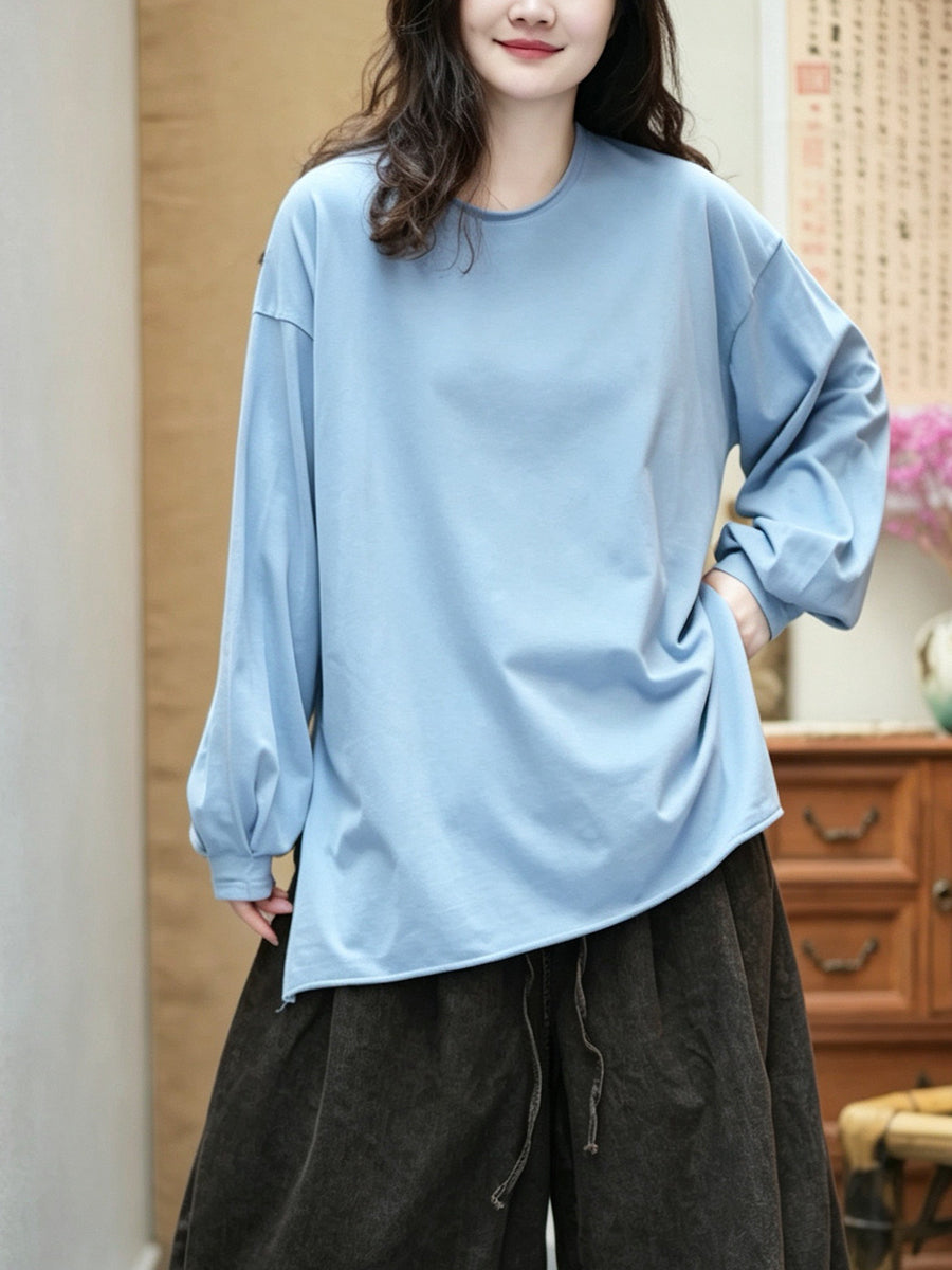 Women Lazy Style Solid Cotton Loose Long Sleeve T-Shirt