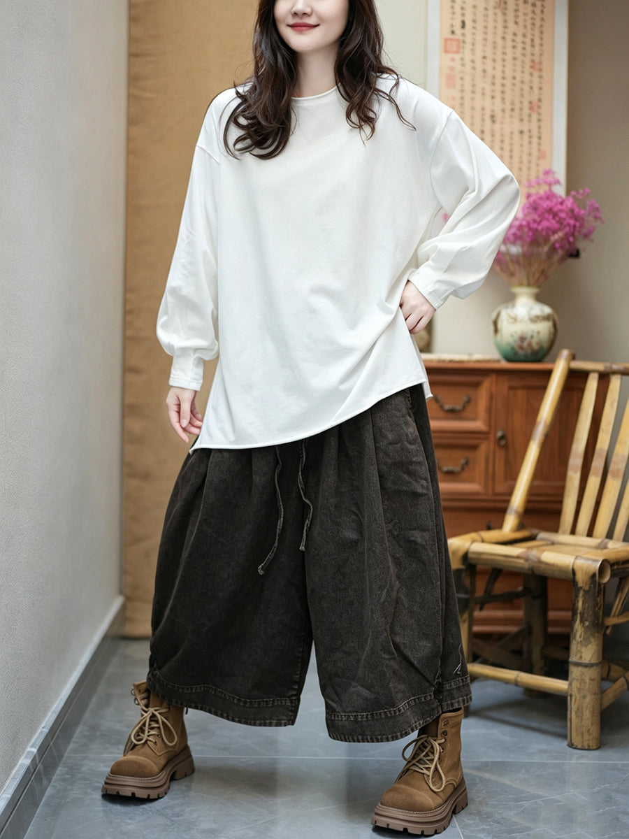 Women Lazy Style Solid Cotton Loose Long Sleeve T-Shirt