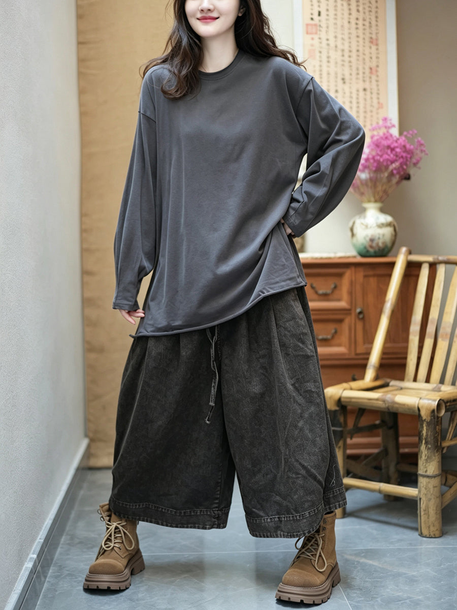 Women Lazy Style Solid Cotton Loose Long Sleeve T-Shirt