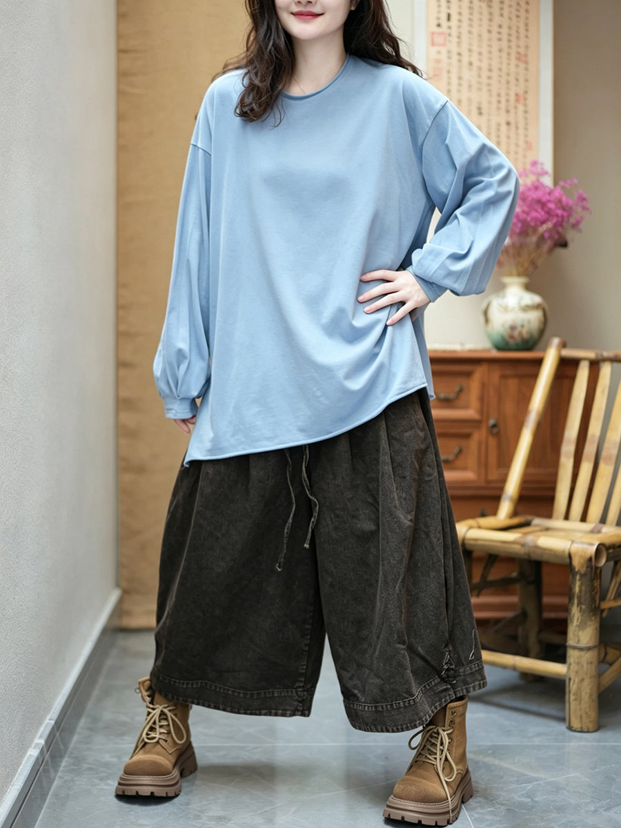 Women Lazy Style Solid Cotton Loose Long Sleeve T-Shirt