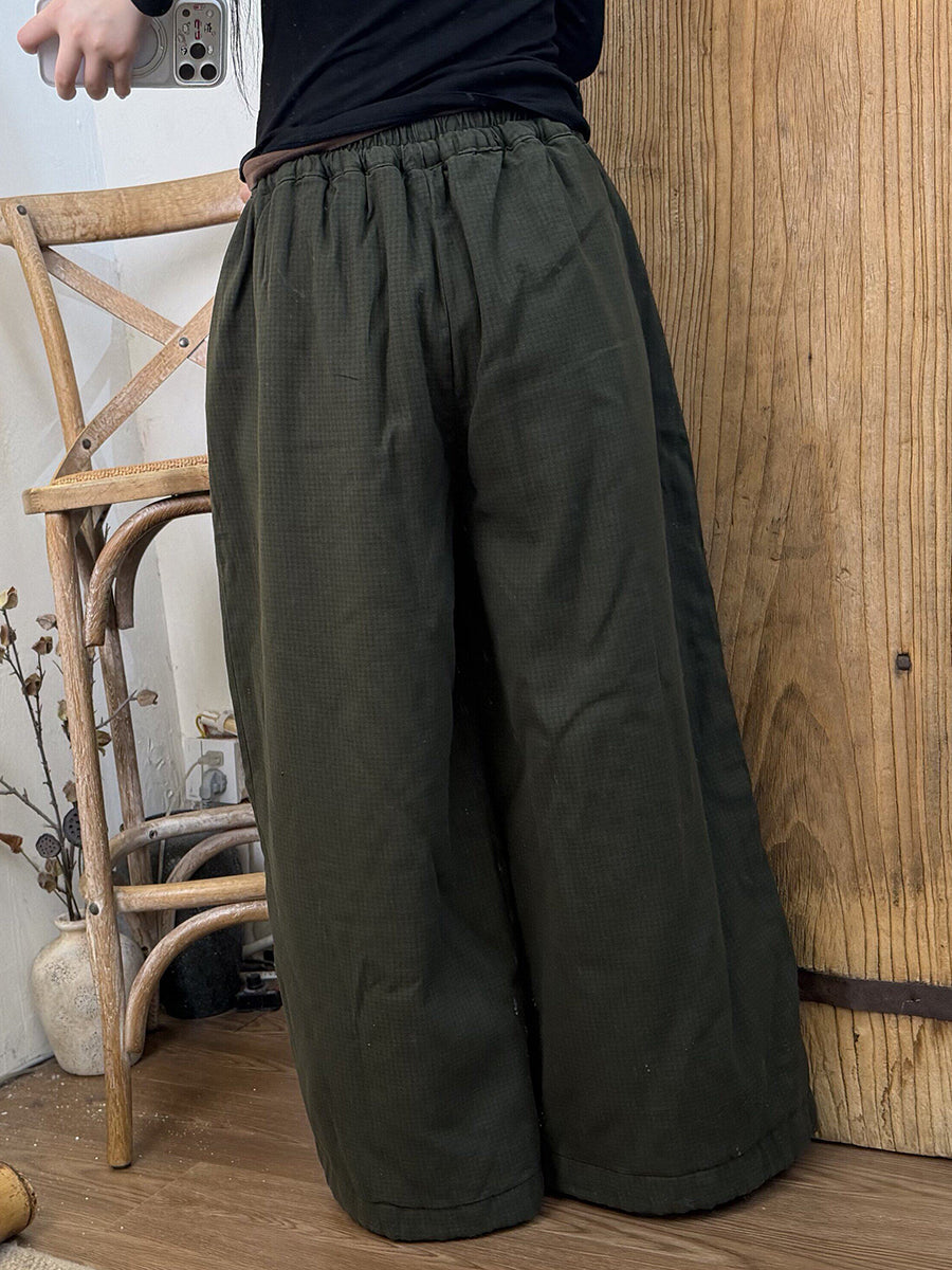 Women Casual Houndstooth Linen Warm Padded Wide-Leg Pants